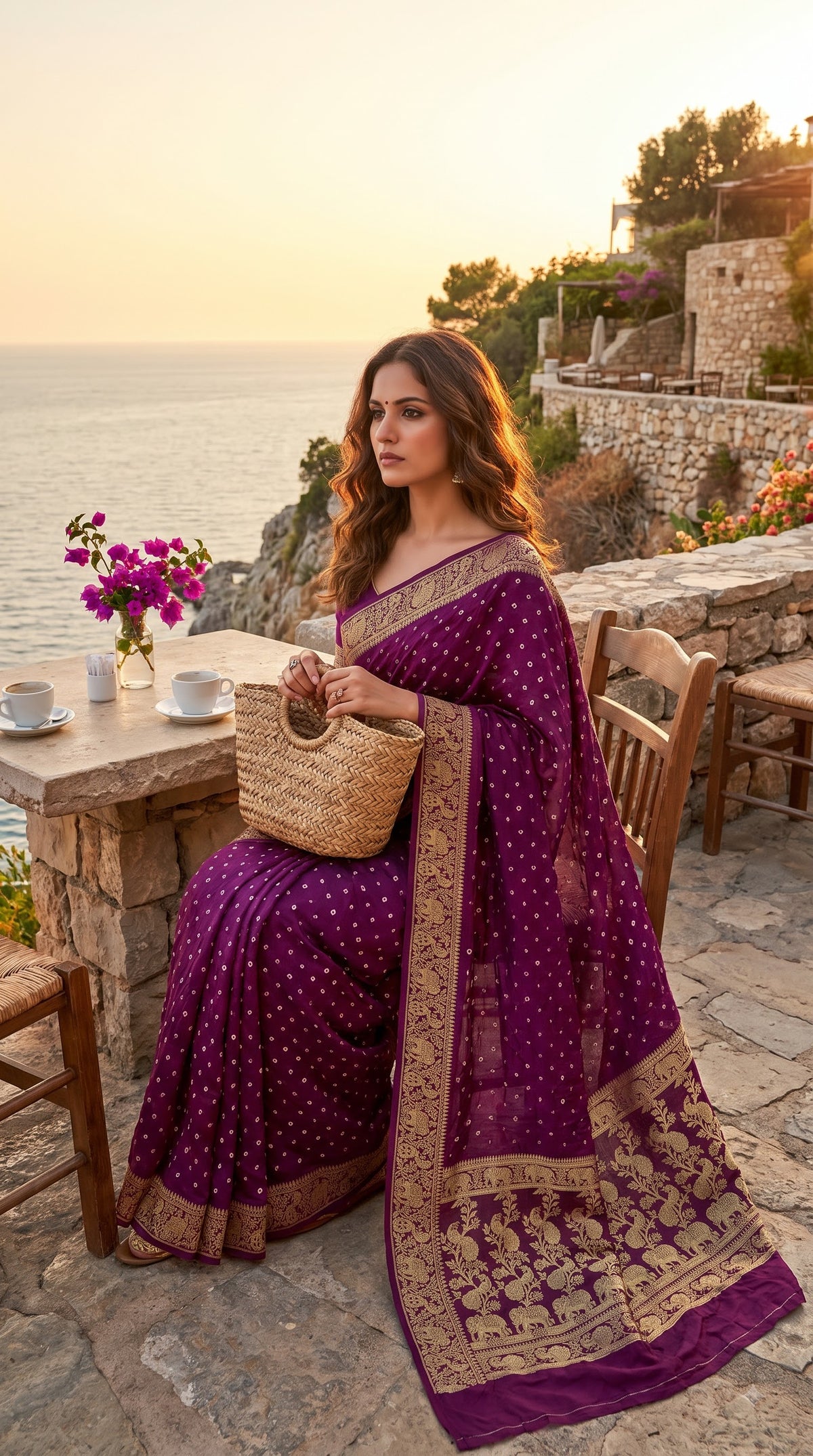 Art Silk Bandhani with Golden Zari - Wine