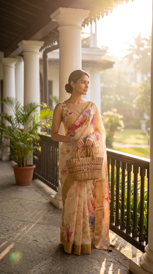 Pure Silk Saree with Digital Print & French Knot Kantha-Stitched - Beige