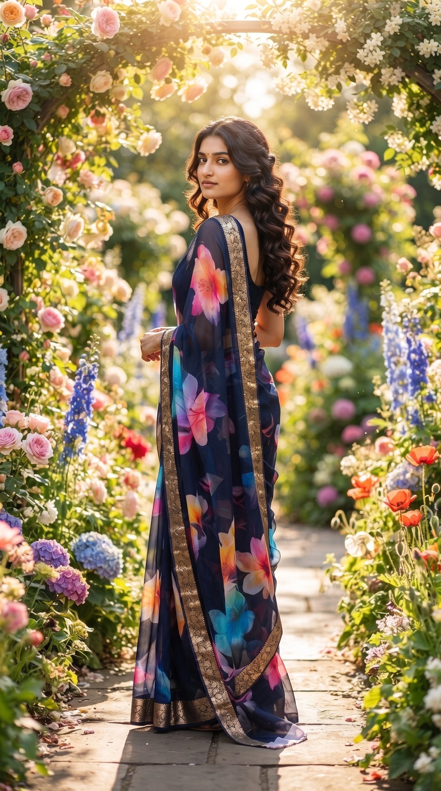A woman looking back gracefully over her shoulder while walking through a lush rose archway garden path, showcasing the stunning movement, premium texture, and vivid pink floral motifs of her navy blue saree