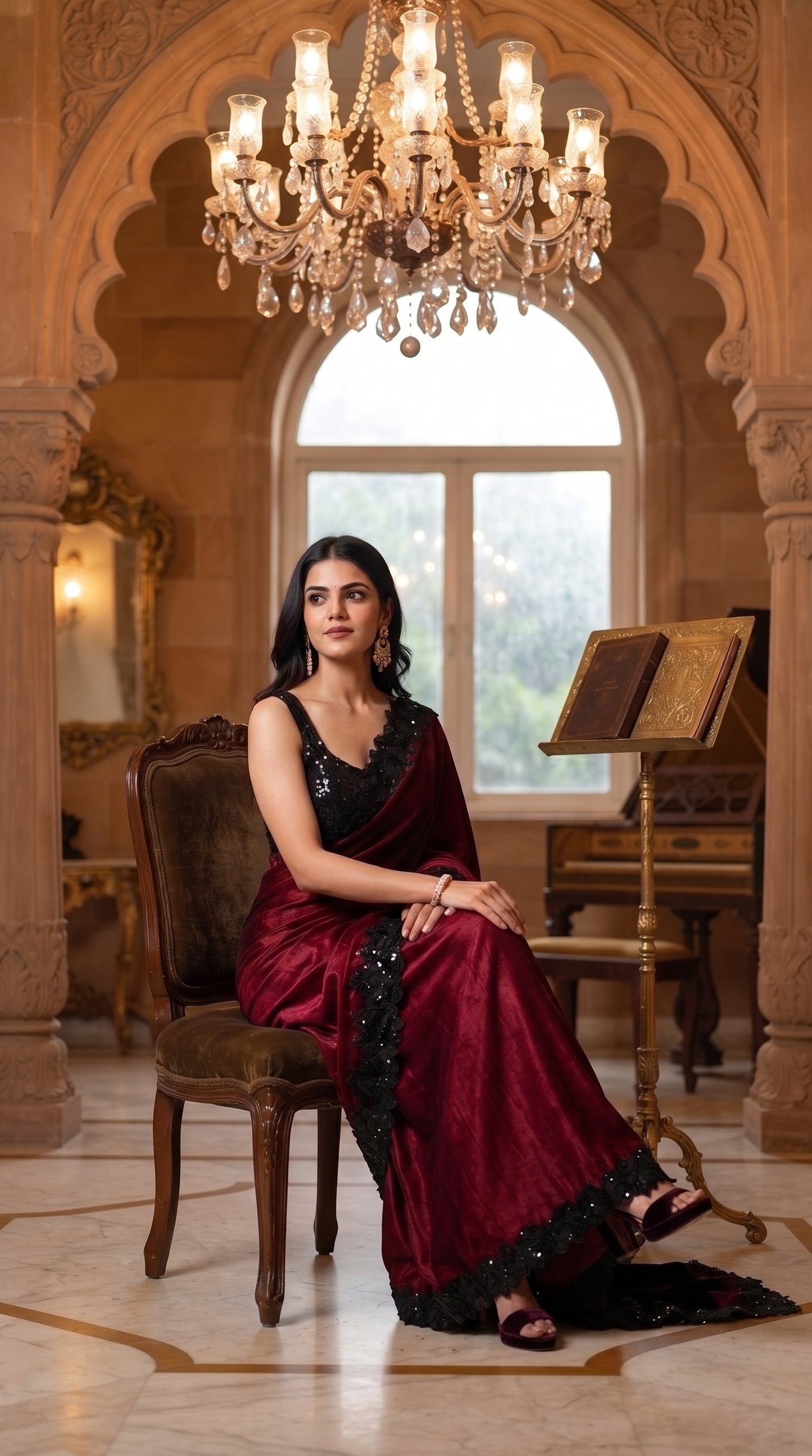A full-length view of a woman sitting on a vintage wooden chair beneath a grand crystal chandelier, displaying the heavy, high-volume fall and shimmering black lace borders of her maroon and magenta velvet silk saree