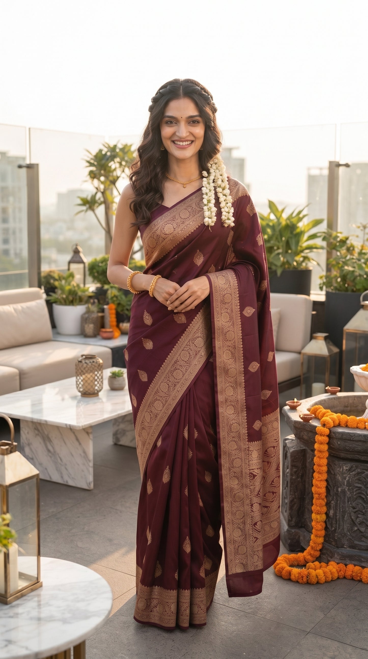 A full-length front portrait of a smiling woman standing on a modern rooftop terrace, beautifully displaying the structured satin drape, gold zari border, and leaf buttas of her maroon Mashru silk saree