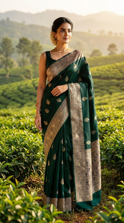 A full-length front portrait of a woman standing inside a lush green tea garden landscape, beautifully displaying the structured fall, rich gold zari trim, and leaf buttas of her bottle green Mashru silk saree