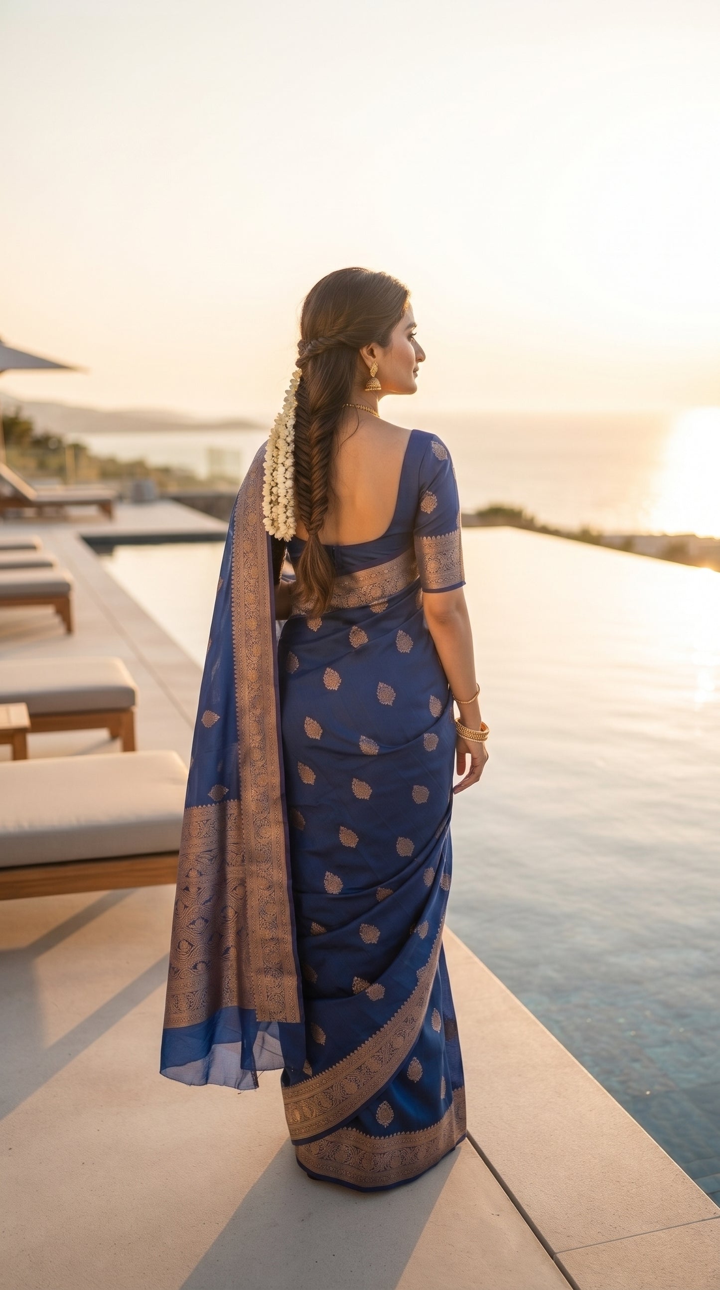 A rear-view portrait of a woman with a long braided hair bun standing on an infinity pool deck overlooking a coastal sunset landscape, showcasing the heavy gold zari work across her deep blue silk pallu