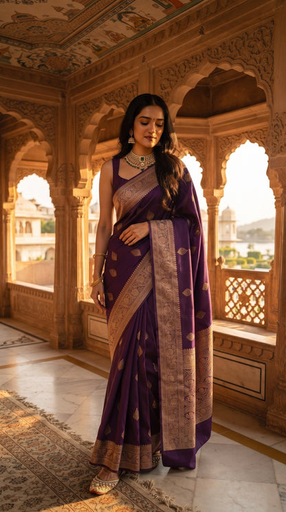 A full-length front portrait of a woman standing gracefully on an ornate rug inside a palace balcony overlooking a lake, displaying the structured royal drape and detailed gold zari border of her purple Mashru silk saree