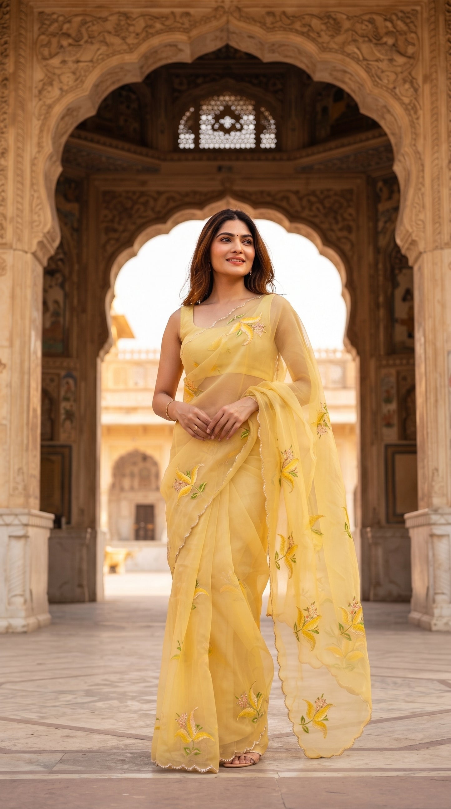 A full-length portrait of a woman standing beneath a grand sandstone palace archway, showcasing the straight drape, elegant floral embroidery, and openwork cutwork detailing of her yellow saree