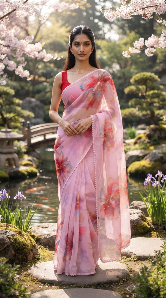 Purple Chiffon Saree with Delicate Lace Border