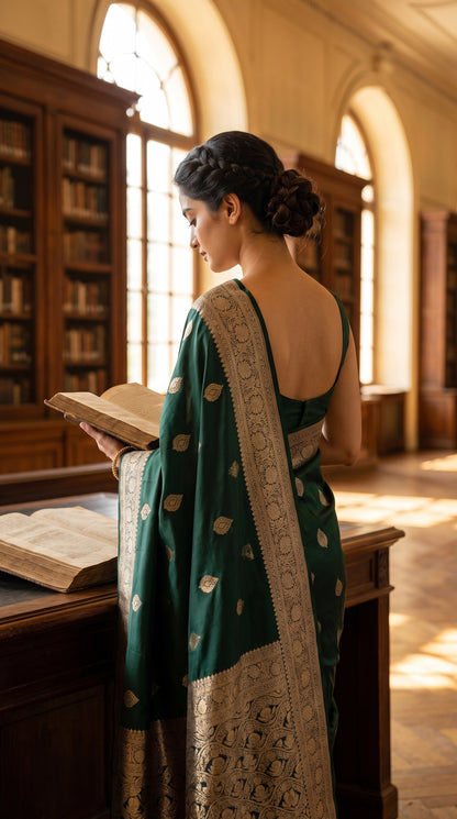 A rear-view portrait of a woman standing in a vintage library room holding an open book, showcasing the clean back blouse layout and ornate gold zari border of her dark green silk saree