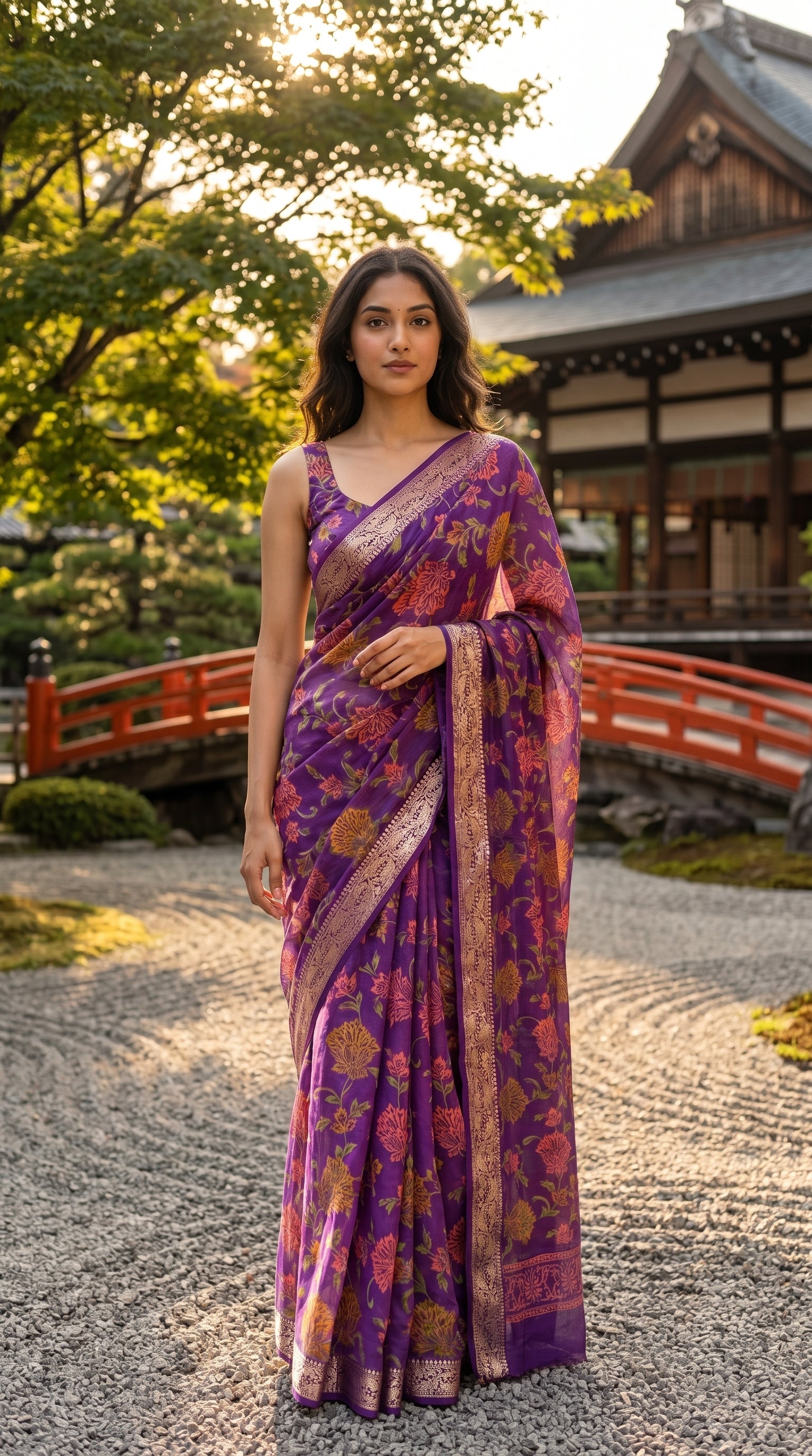 Full-length editorial portrait of a woman standing on a gravel path in a serene Japanese garden with a red bridge and traditional house, displaying the elegant straight silhouette and all-over floral print of her purple chinon saree