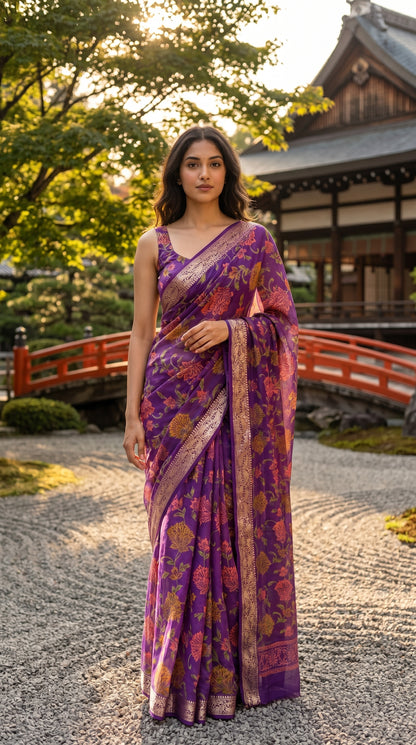 Full-length editorial portrait of a woman standing on a gravel path in a serene Japanese garden with a red bridge and traditional house, displaying the elegant straight silhouette and all-over floral print of her purple chinon saree