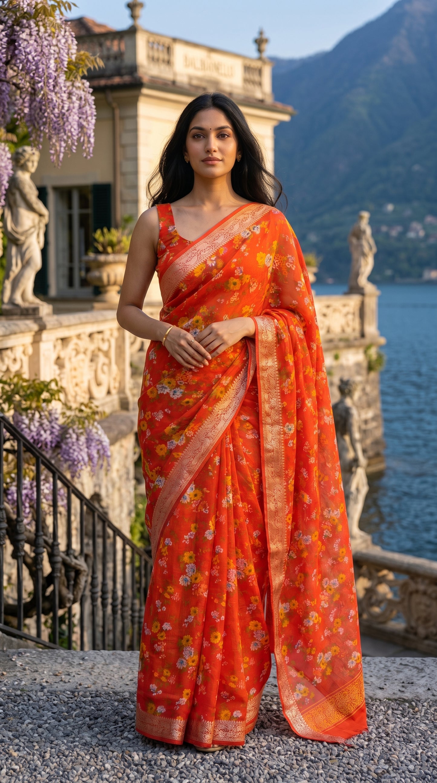 Full-length image of a woman standing on a stone terrace overlooking a serene lake and mountain landscape, beautifully displaying the weightless, breezy texture of her orange chinon saree