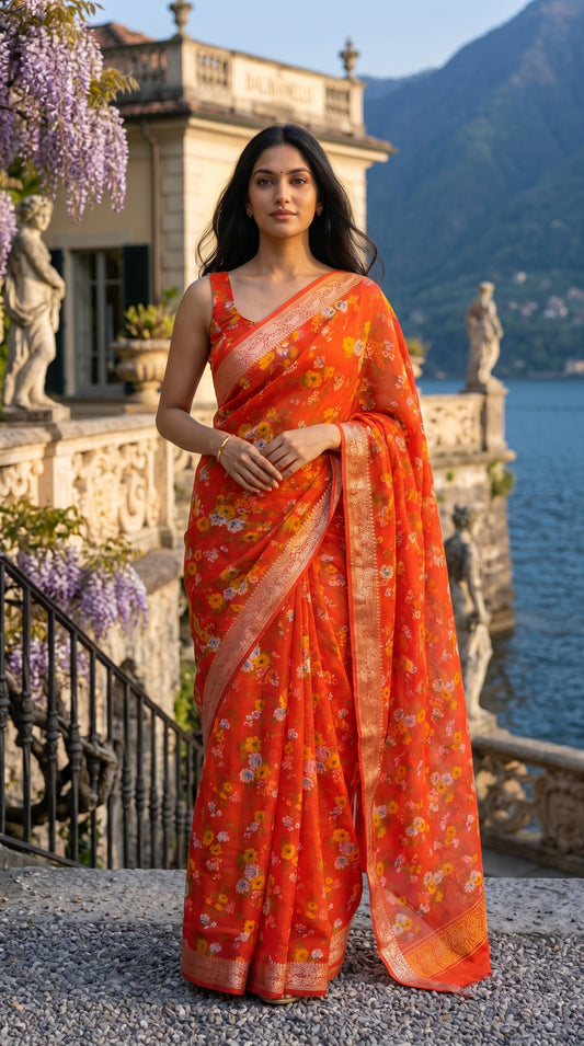 Full-length image of a woman standing on a stone terrace overlooking a serene lake and mountain landscape, beautifully displaying the weightless, breezy texture of her orange chinon saree