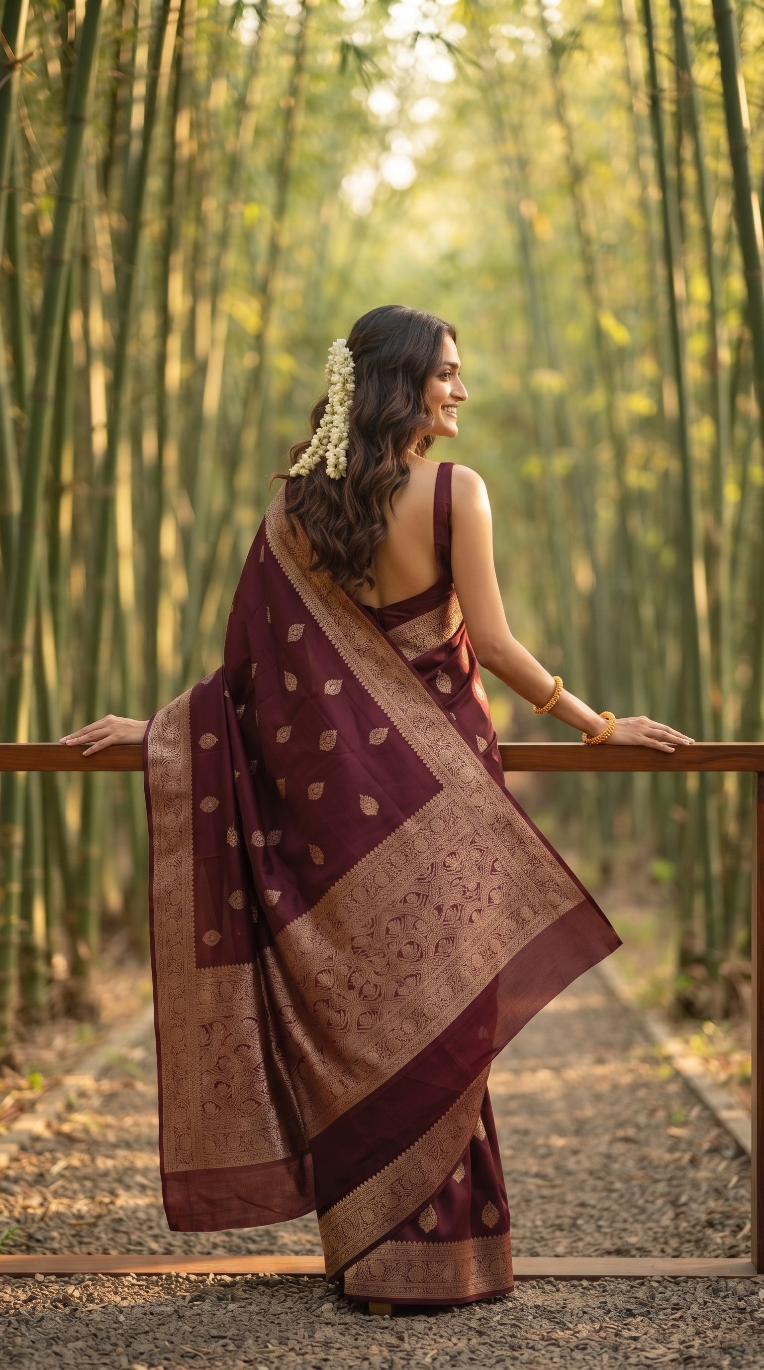 A rear view of a woman with a gajra in her hair bun leaning against a wooden railing inside a serene bamboo forest path, showcasing the heavily woven gold zari work across the pallu of her maroon saree