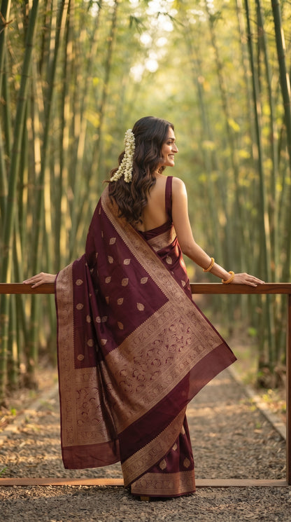 A rear view of a woman with a gajra in her hair bun leaning against a wooden railing inside a serene bamboo forest path, showcasing the heavily woven gold zari work across the pallu of her maroon saree