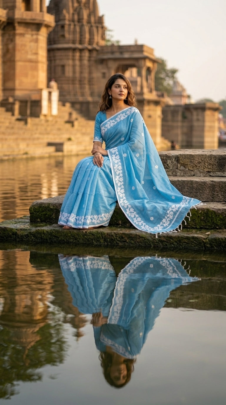 Blue Cotton Saree with Applique Border