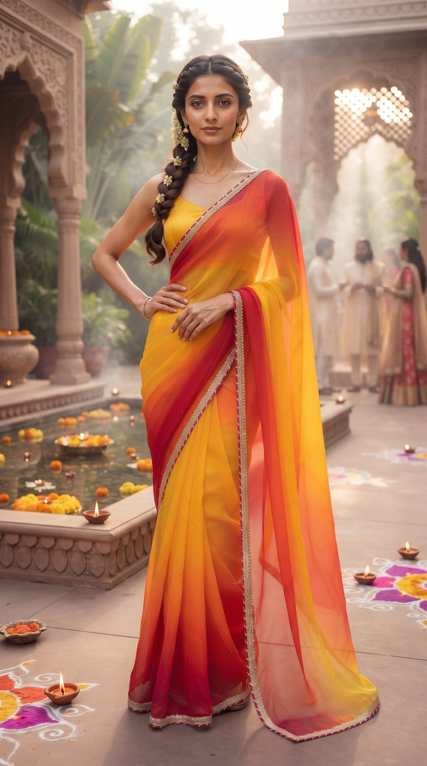 Yellow Chiffon With Red Shades Saree with Delicate Lace Border