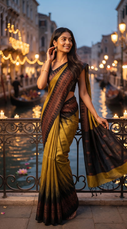 Green Pure Linen Saree with Black Temple Border