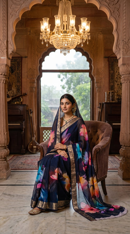 A woman sitting regally on a plush armchair under a grand crystal chandelier in an antique palace room, with her navy blue printed Chinon pallu beautifully draped on the marble floor
