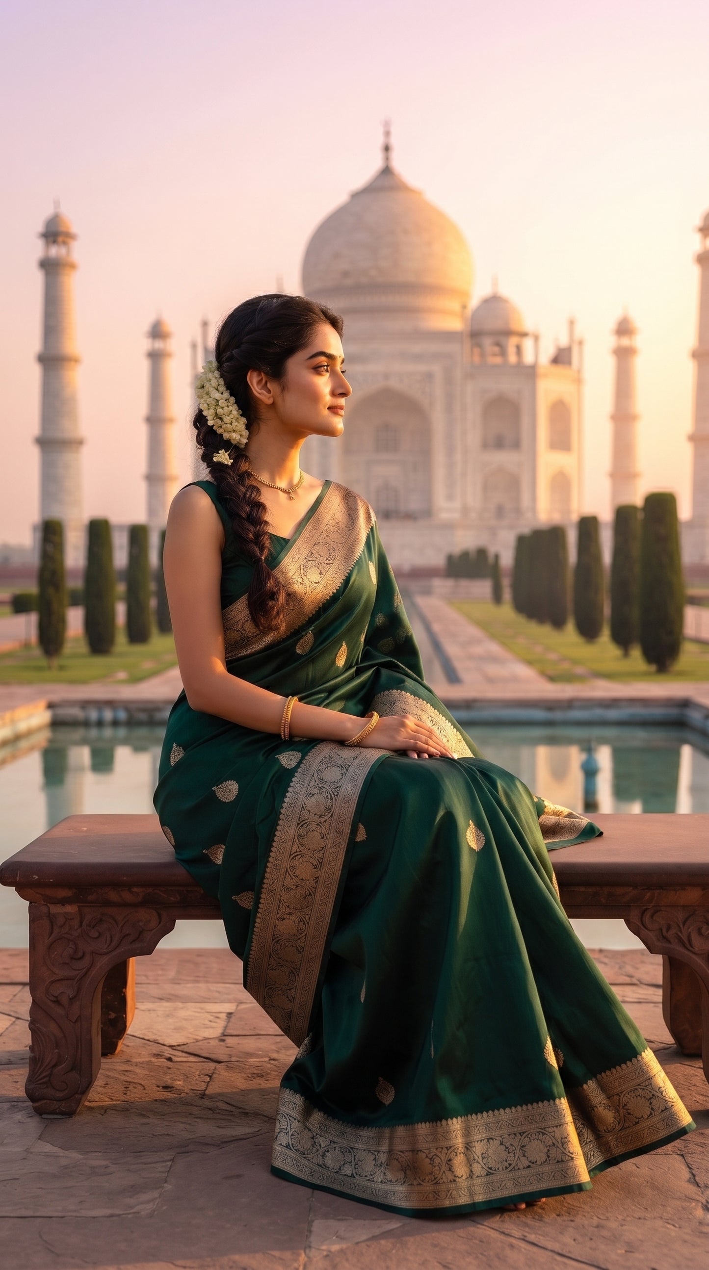 A portrait of a woman with a braided hairstyle sitting on a bench in front of the Taj Mahal at sunrise, showcasing the royal drape and detailed gold zari borders of her dark green silk saree
