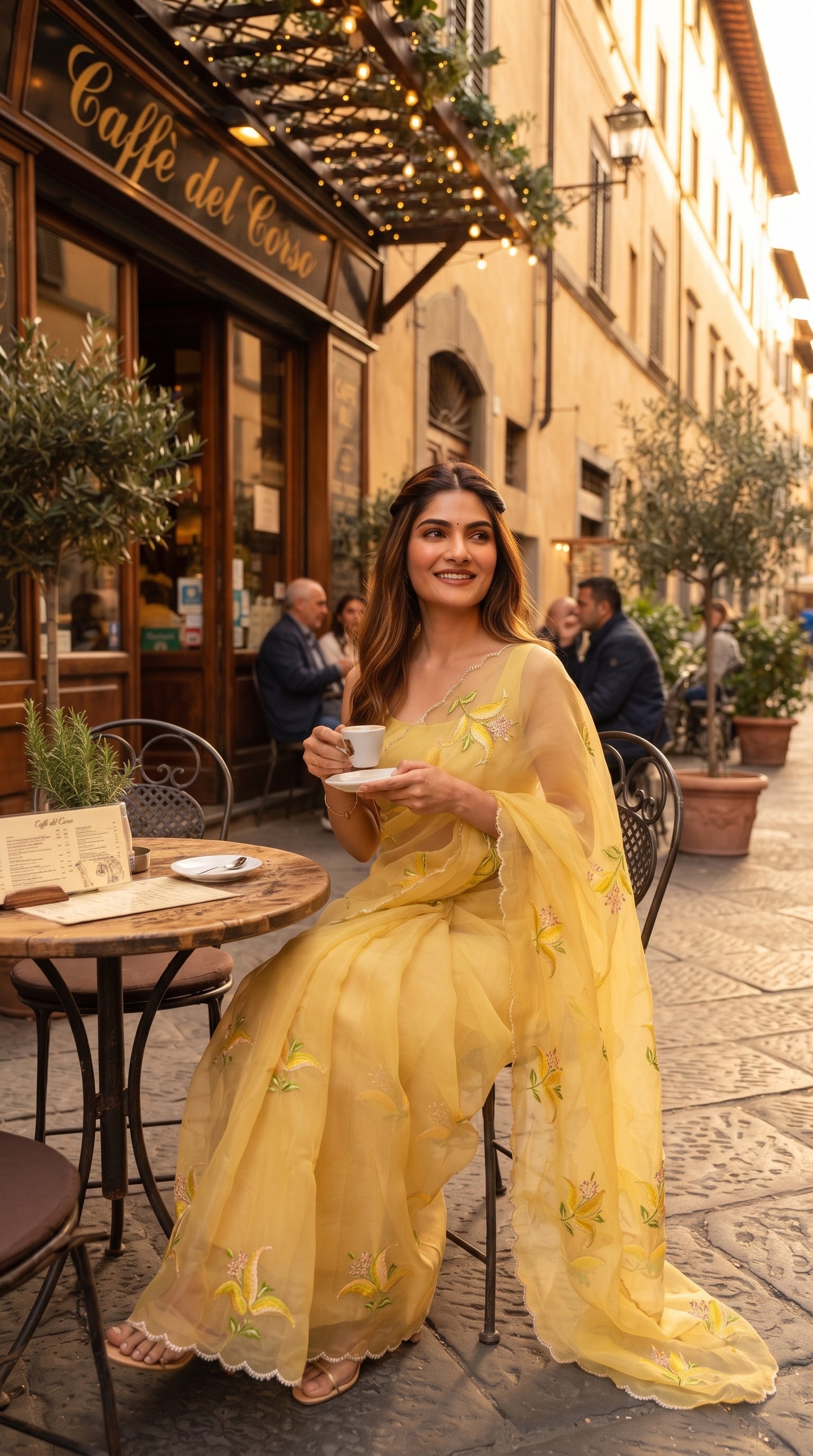 A model smiling while sitting at an outdoor European café table with an espresso cup, showcasing the delicate transparency and gracefully cascading pallu of her embroidered yellow chiffon saree