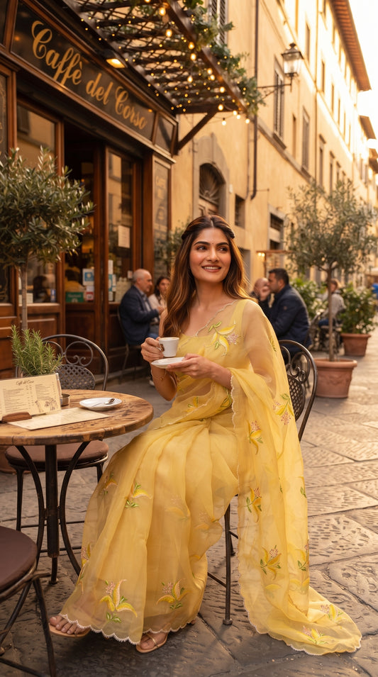 A model smiling while sitting at an outdoor European café table with an espresso cup, showcasing the delicate transparency and gracefully cascading pallu of her embroidered yellow chiffon saree