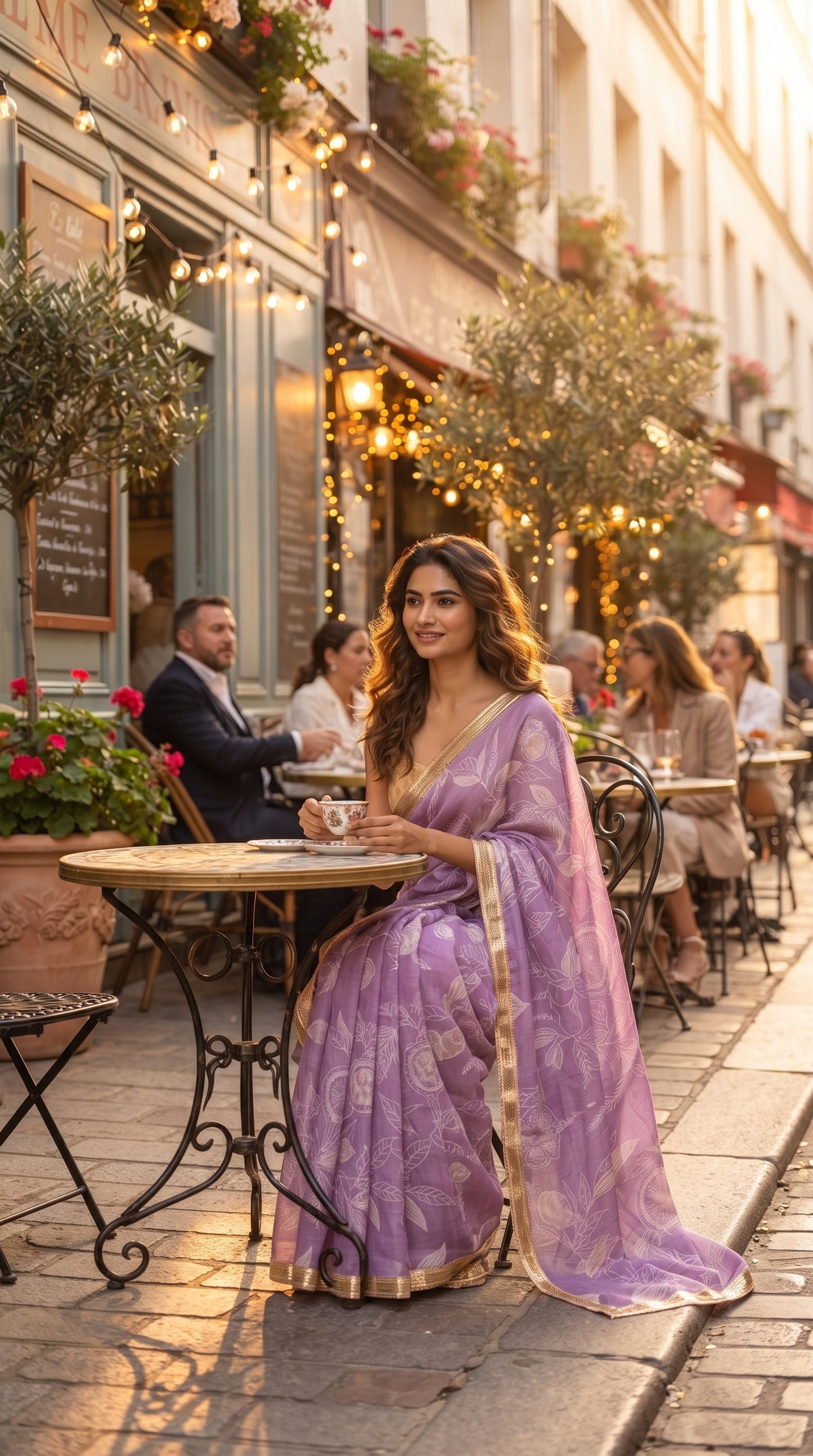 A portrait of a woman sitting at an outdoor table on a sunlit European street café, holding a teacup while beautifully displaying the soft lavender color and gold border trim of her printed muslin saree