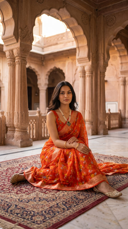 A model looking forward while seated cross-legged on a traditional rug in an open palace courtyard, showcasing the elegant drape and rich orange canvas of her floral chinon saree