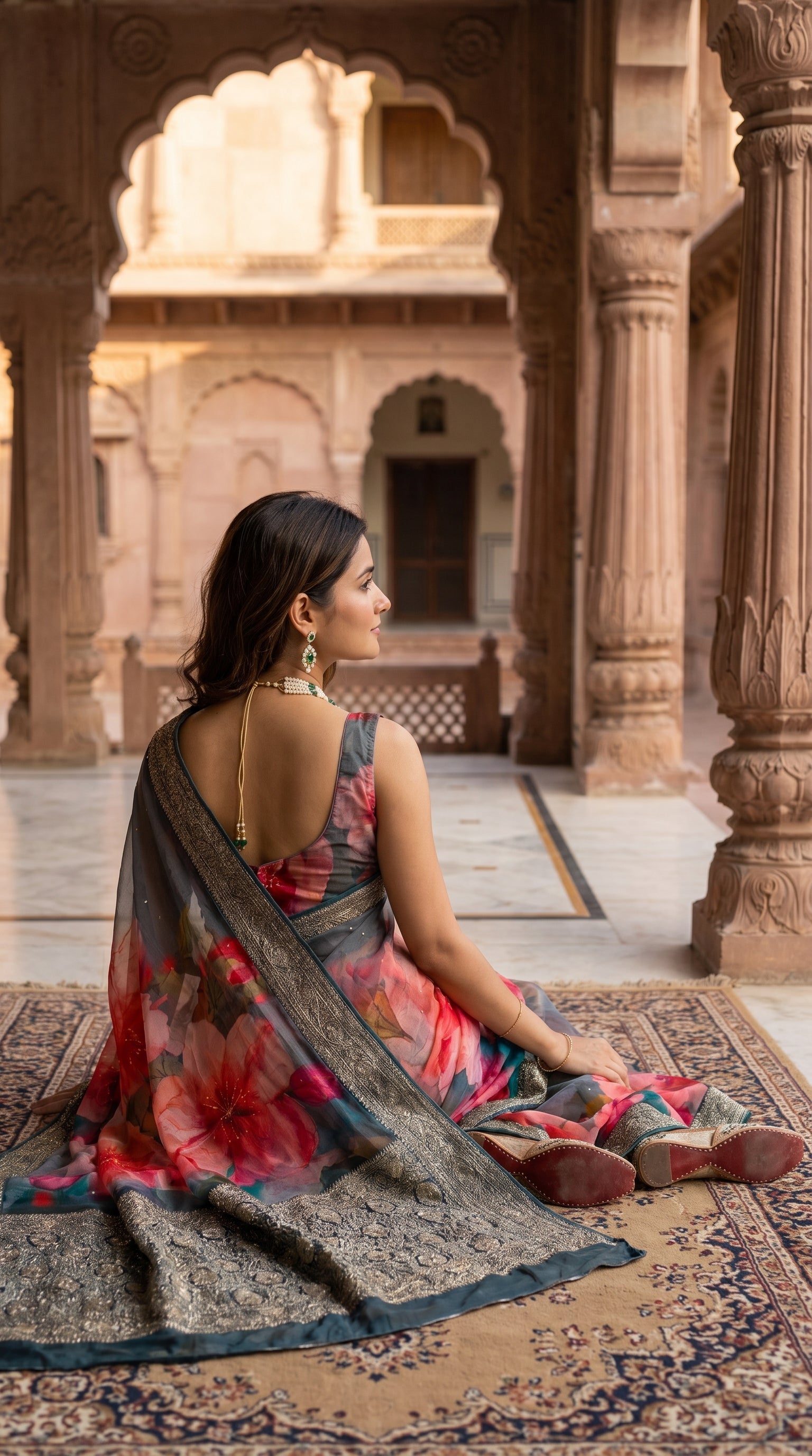 A side-profile shot of a woman sitting on a patterned traditional carpet inside a sandstone palace courtyard, elegantly displaying the heavy grey and silver woven zari pallu of her red floral printed chiffon saree