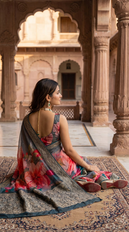 A side-profile shot of a woman sitting on a patterned traditional carpet inside a sandstone palace courtyard, elegantly displaying the heavy grey and silver woven zari pallu of her red floral printed chiffon saree