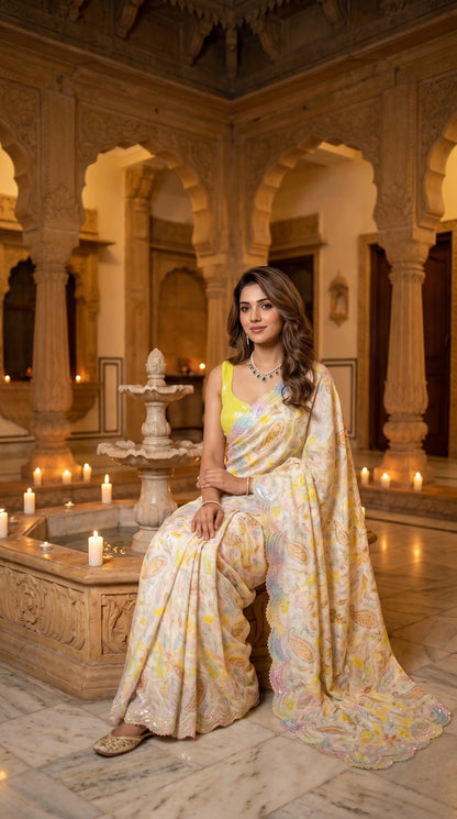 A full-length front view of a woman sitting on a stone palace water fountain surrounded by small candles, showcasing the elegant fall and pastel embroidered details of her cream pure jacquard silk saree