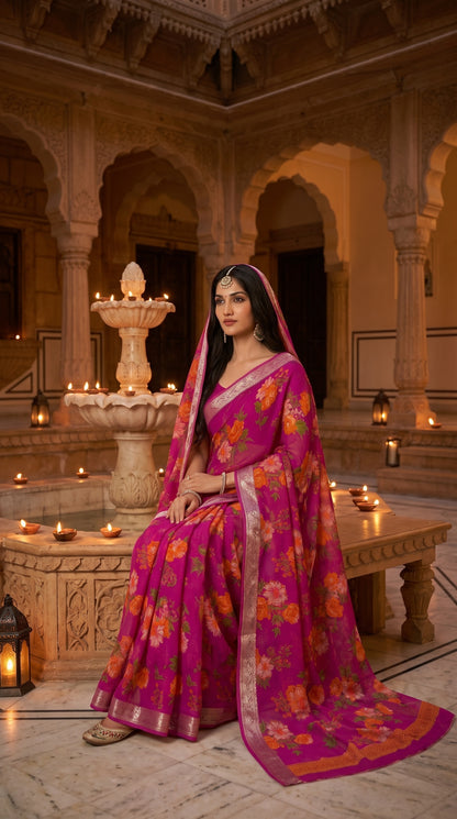A model adorned with a maang tikka seated gracefully on a stone bench beside a candlelit fountain courtyard in the evening, displaying the elegant drape, gold jacquard borders, and orange floral print of her magenta chinon saree