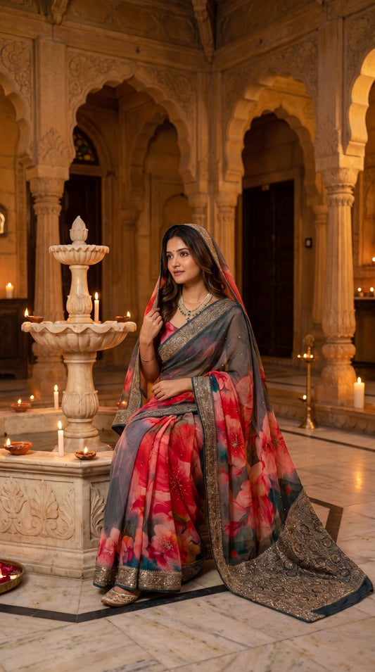 A woman sitting regally on a stone platform next to a tier fountain lit by small diyas, showcasing her translucent grey chiffon saree with large red botanical prints and a sweeping silver zari border