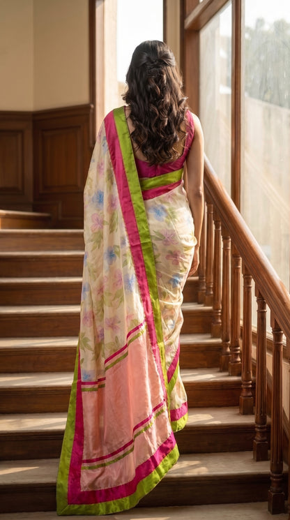 A rear-view portrait of a woman ascending a wooden staircase, showcasing her wavy dark hair, solid magenta blouse, and the flowing pink-toned pallu layout of her cream floral silk saree