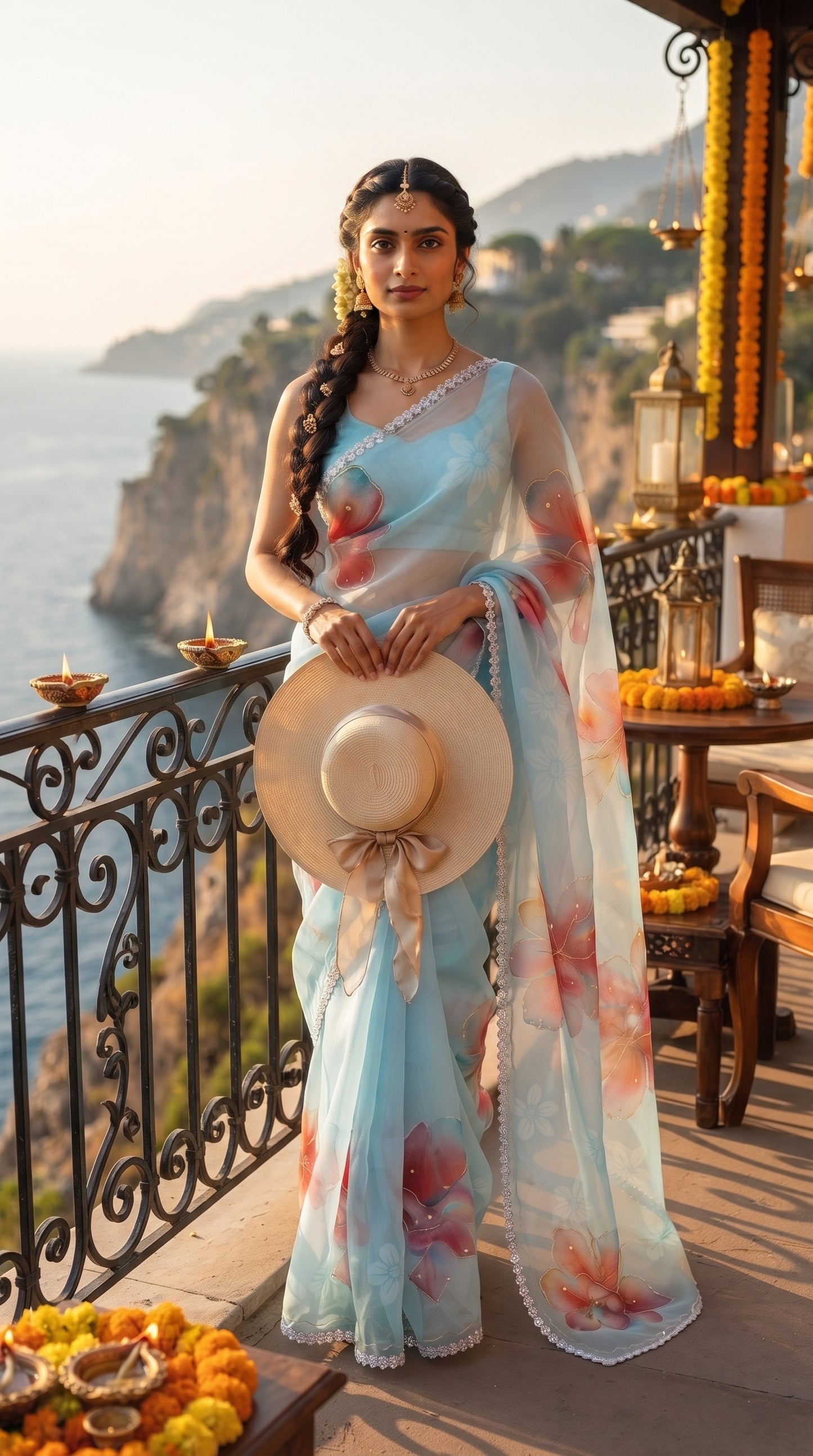 Sky Blue Floral Chiffon Saree with Delicate Lace Border