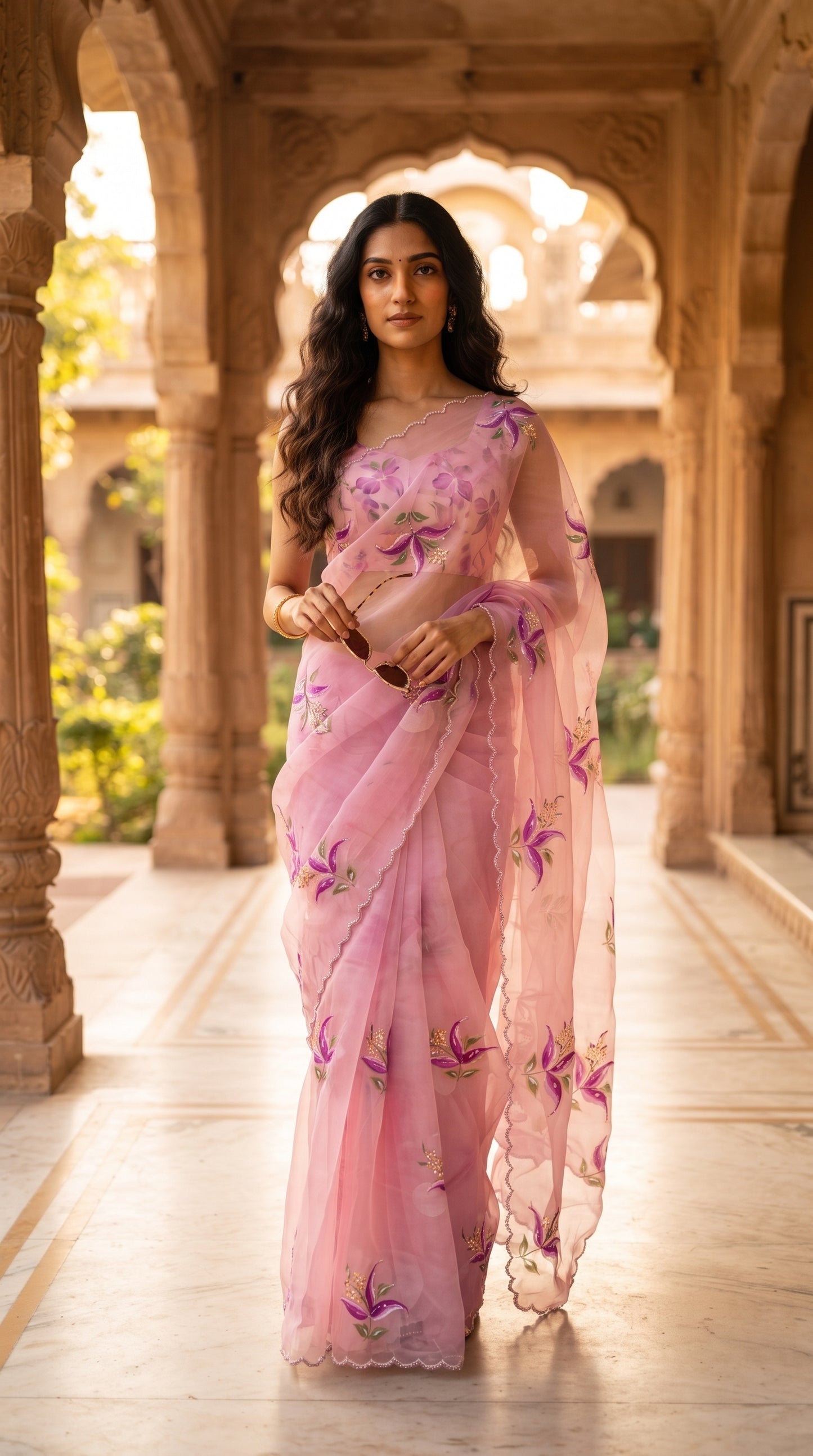 A full-length portrait of a woman standing along a sunlit heritage stone corridor, beautifully displaying the fluid movement, sheer texture, and scalloped cutwork borders of her pink chiffon saree while holding sunglasses