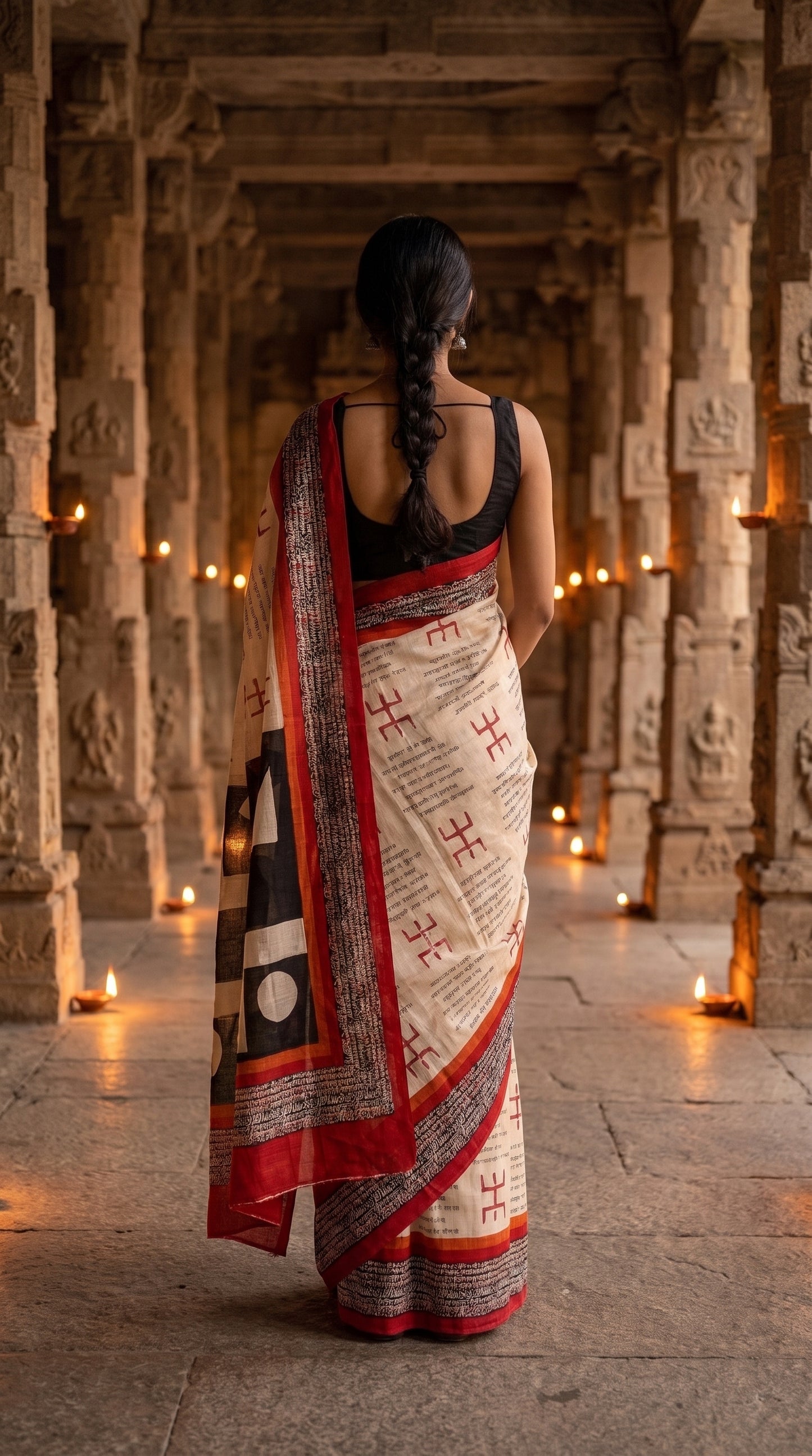 Cream Tussar Silk Saree with Script Motifs