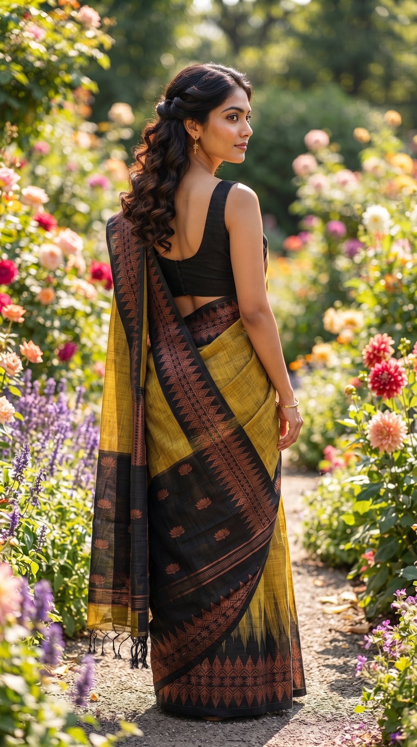 Green Pure Linen Saree with Black Temple Border