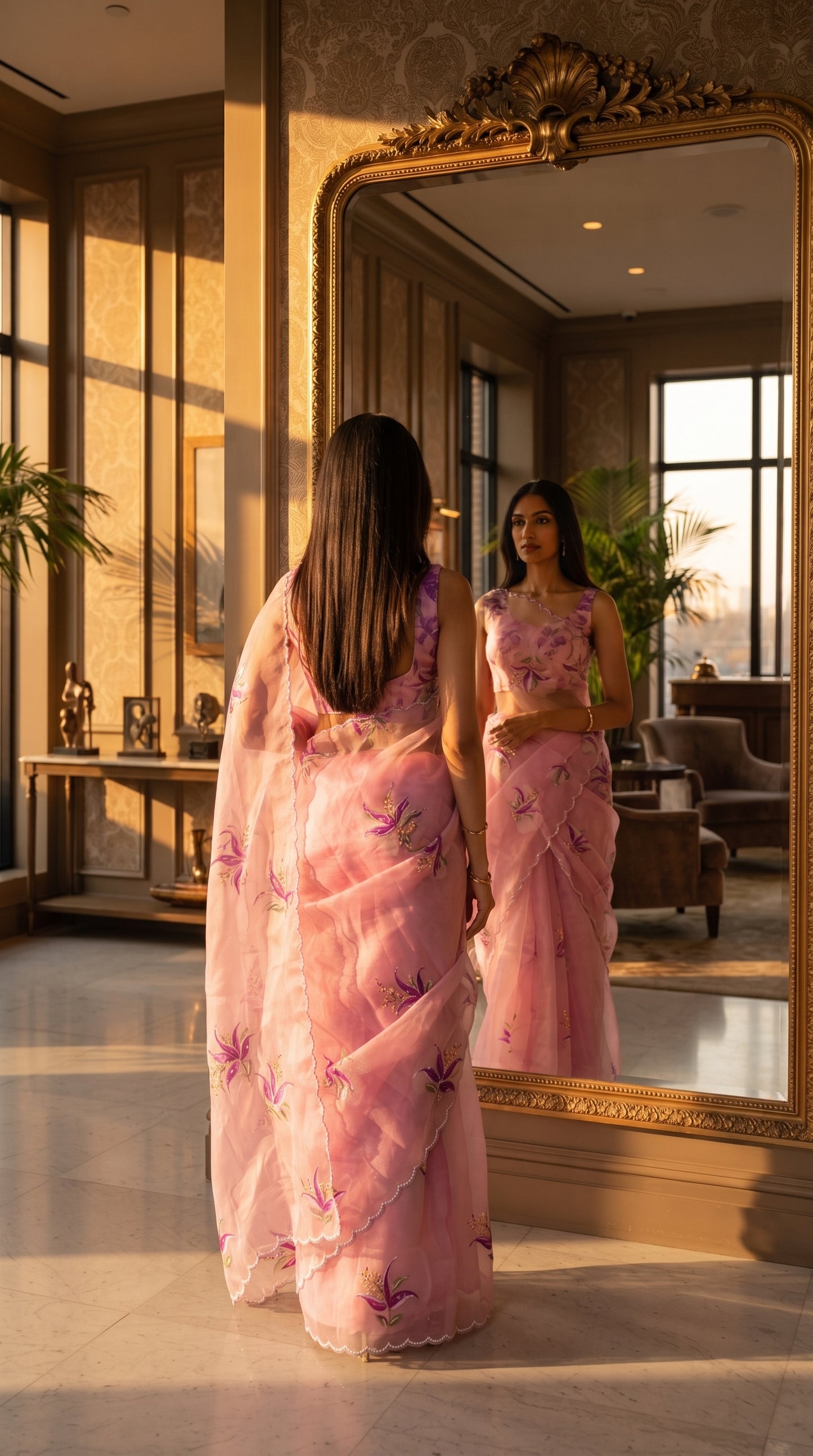 A rear-view portrait of a woman looking into a grand ornate gold mirror in a warm, sunlit luxury suite, highlighting the back blouse design and scalloped edge detail of her pink chiffon pallu