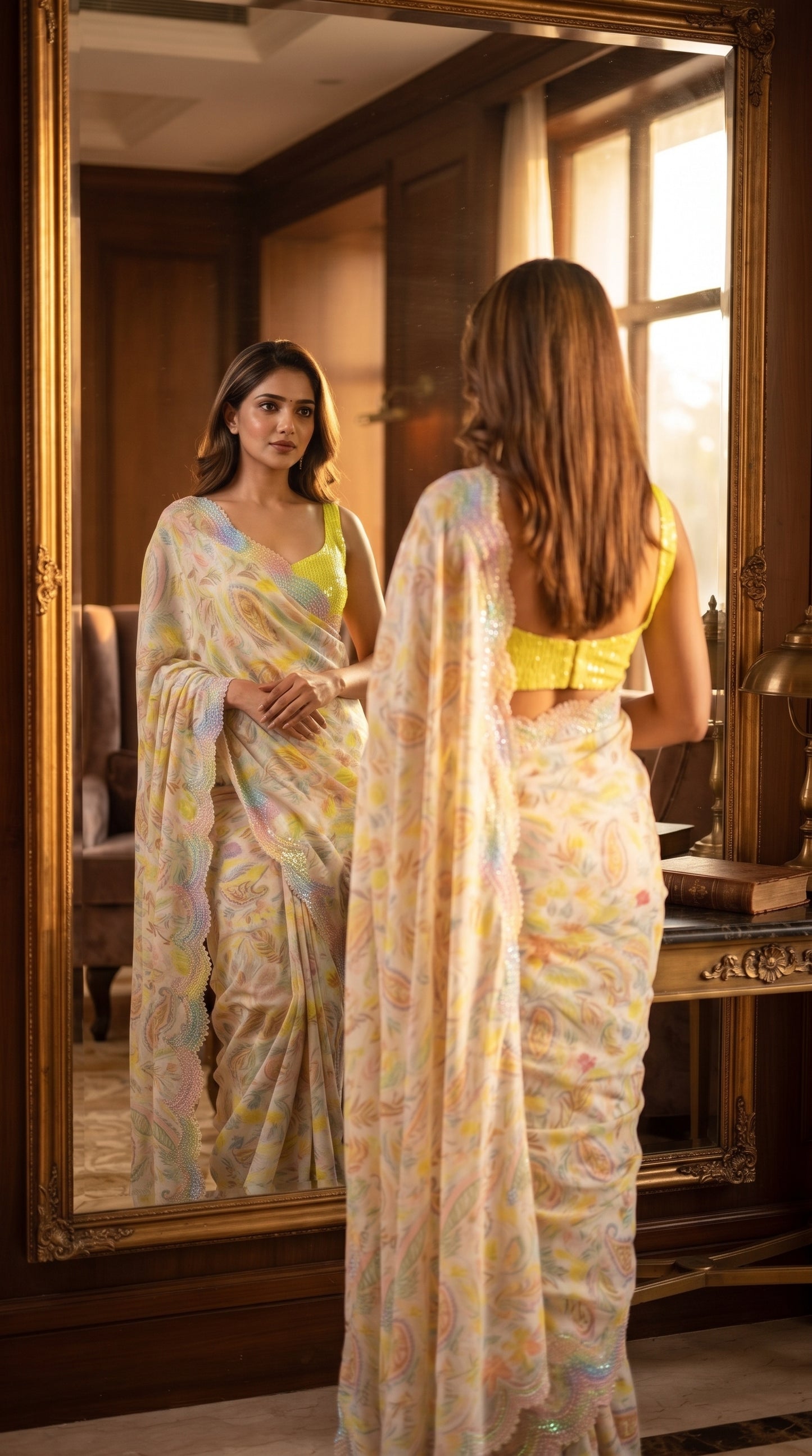 A reflection portrait of a woman looking at herself in a grand gold-framed dressing mirror, highlighting the soft texture, pastel highlights, and scalloped sequin borders of her cream pure silk saree