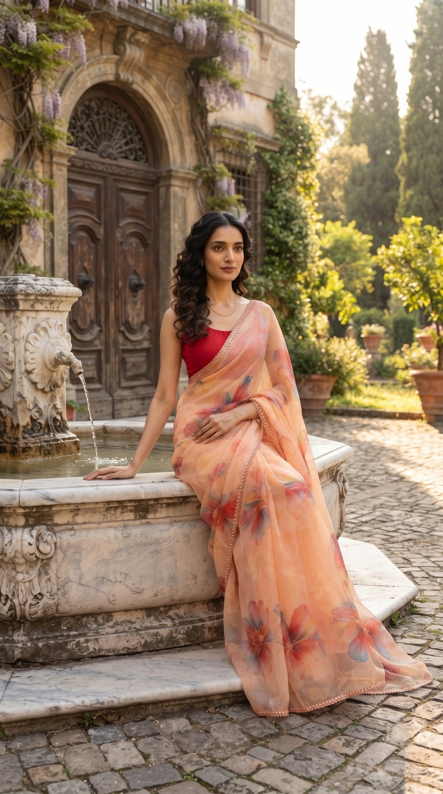 Peach Floral Chiffon Saree with Delicate Lace Border