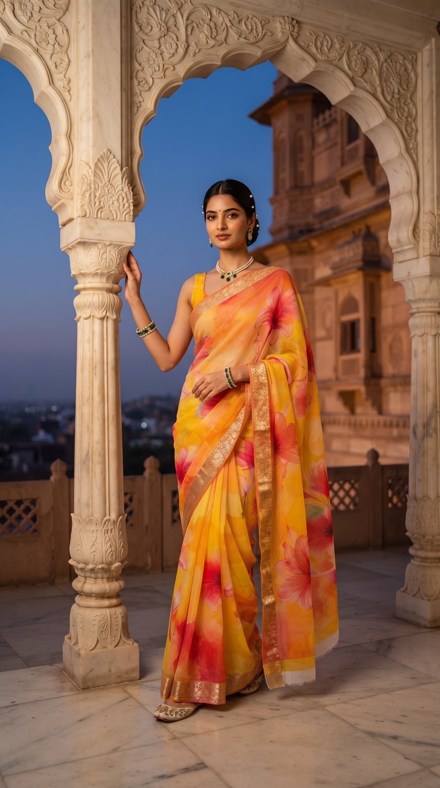 A full-length front portrait of a woman standing between carved sandstone pillars on a palace terrace at twilight, wearing a vibrant yellow chiffon saree with a woven gold zari border and bold pink botanical prints