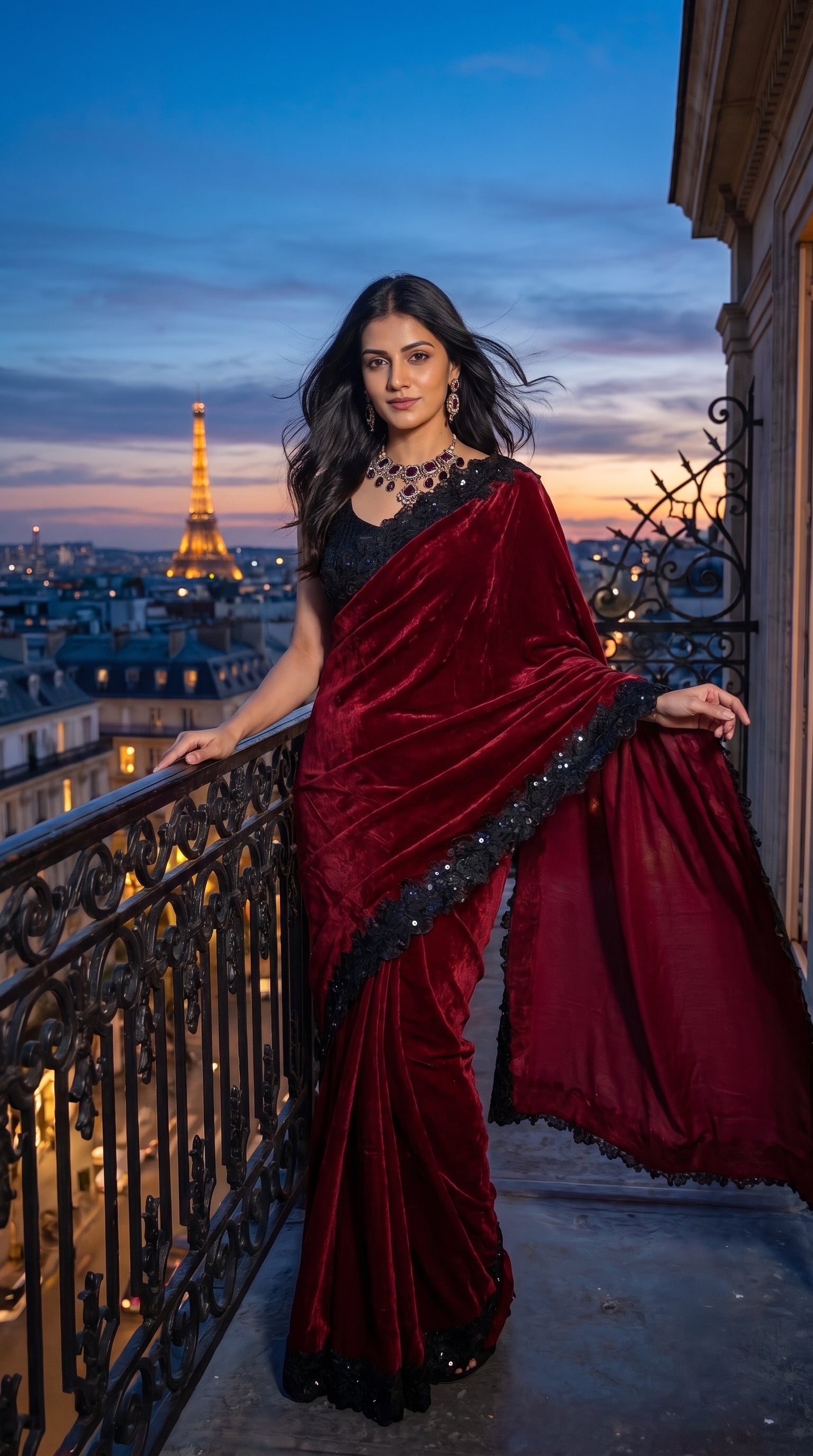 A portrait of a woman standing on a wrought-iron Paris balcony at twilight with the illuminated Eiffel Tower in the background, showcasing the dual-toned ombre sheen of her maroon and magenta velvet silk saree