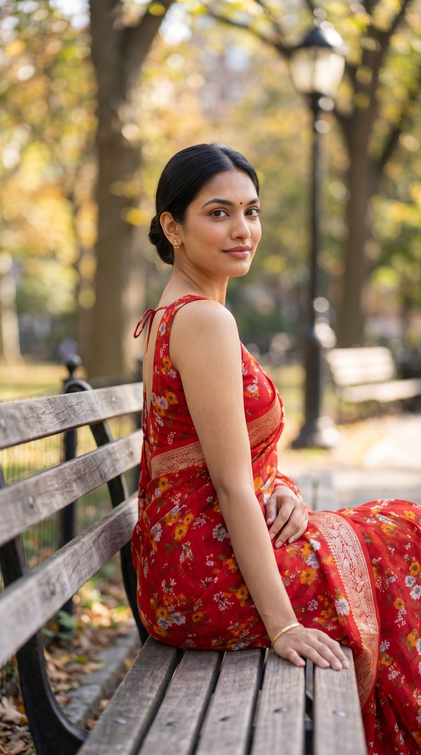 A portrait of a woman looking over her shoulder while seated on a weathered wooden bench in a park during autumn, highlighting the translucent sheer qualities and vibrant floral artwork of her red pure chinon saree