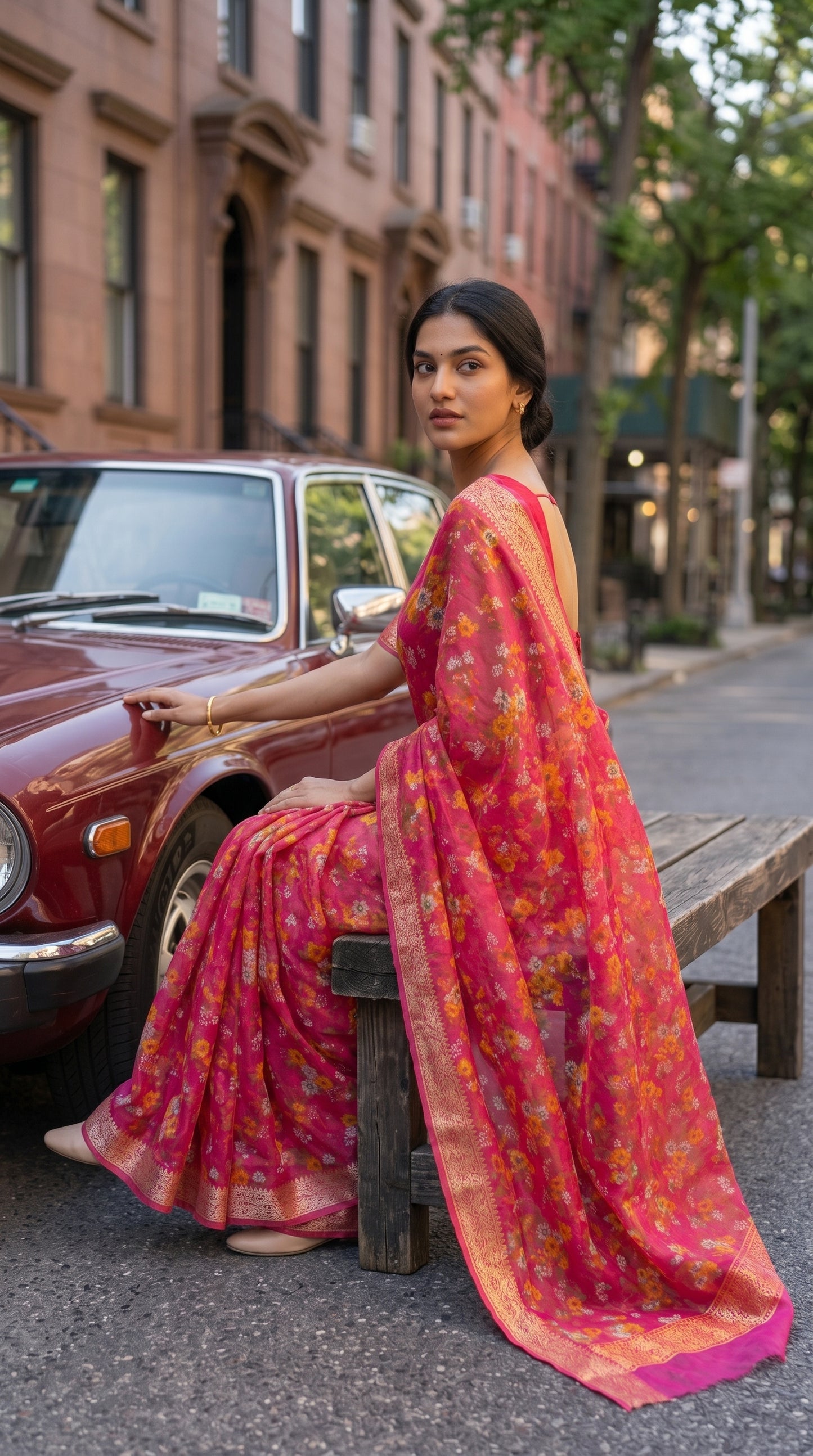 A model looking sideways while seated on a rustic wooden bench next to a vintage maroon car on a city street, highlighting the fluid fall and translucent qualities of her magenta floral saree
