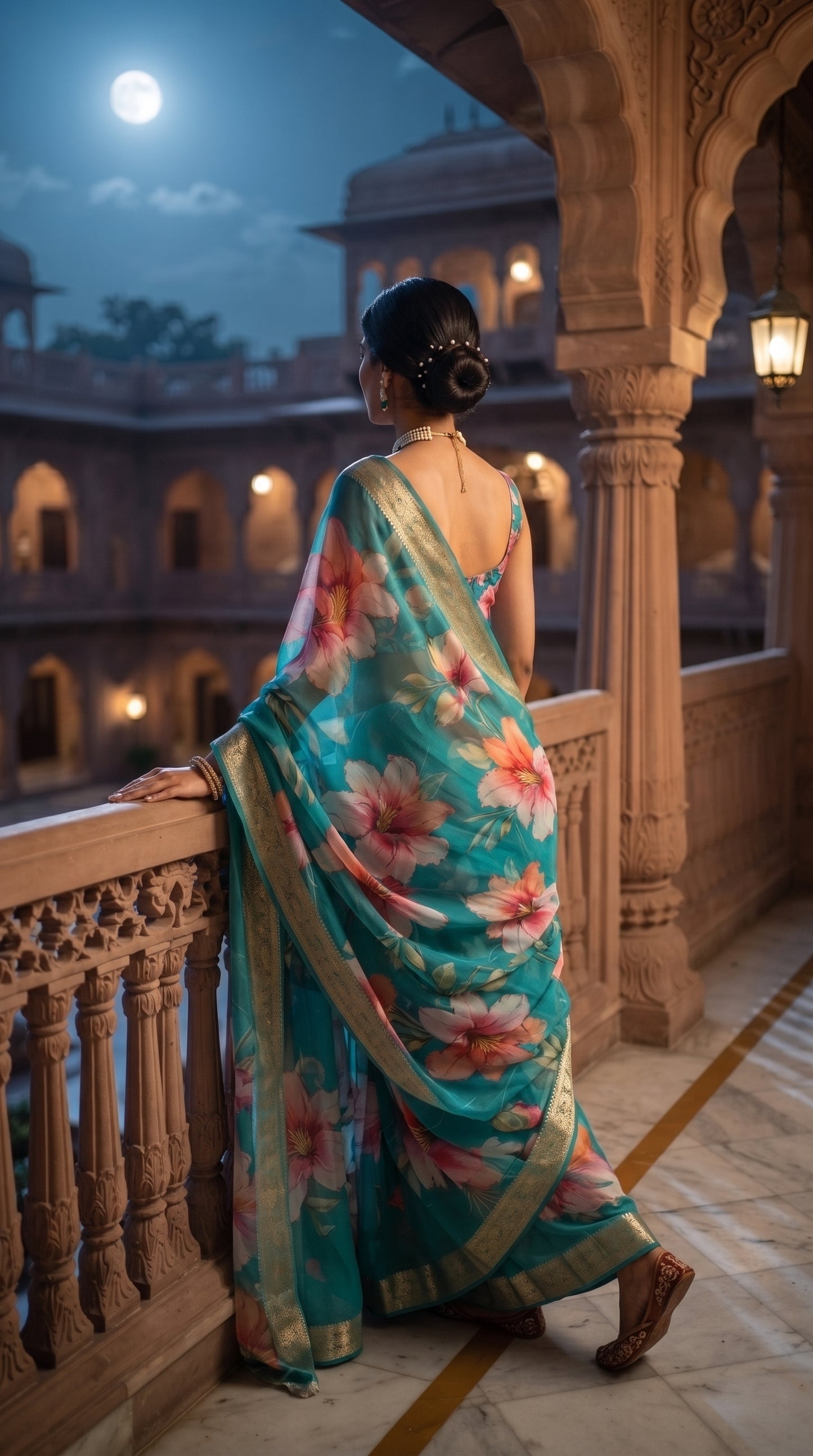 A rear-view portrait of a woman standing on a palace balcony terrace overlooking a courtyard under the full moon, showing the clean back design of her blouse and the sweeping gold zari borders of her sea green printed chiffon saree