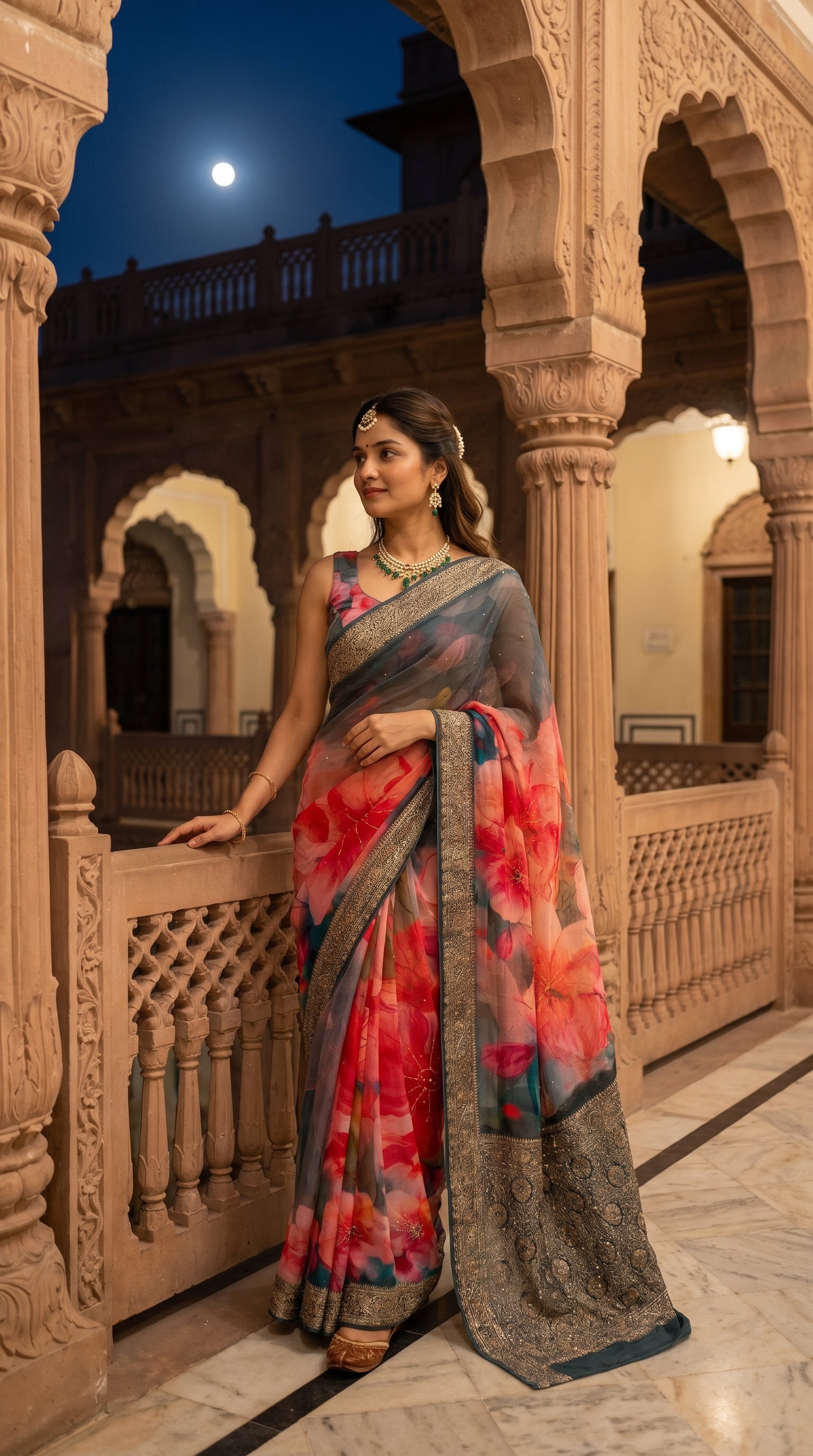 A full-length portrait of a woman leaning against a carved stone balcony railing at dusk under a bright full moon, displaying her translucent grey and red floral chiffon saree accented with an emerald necklace