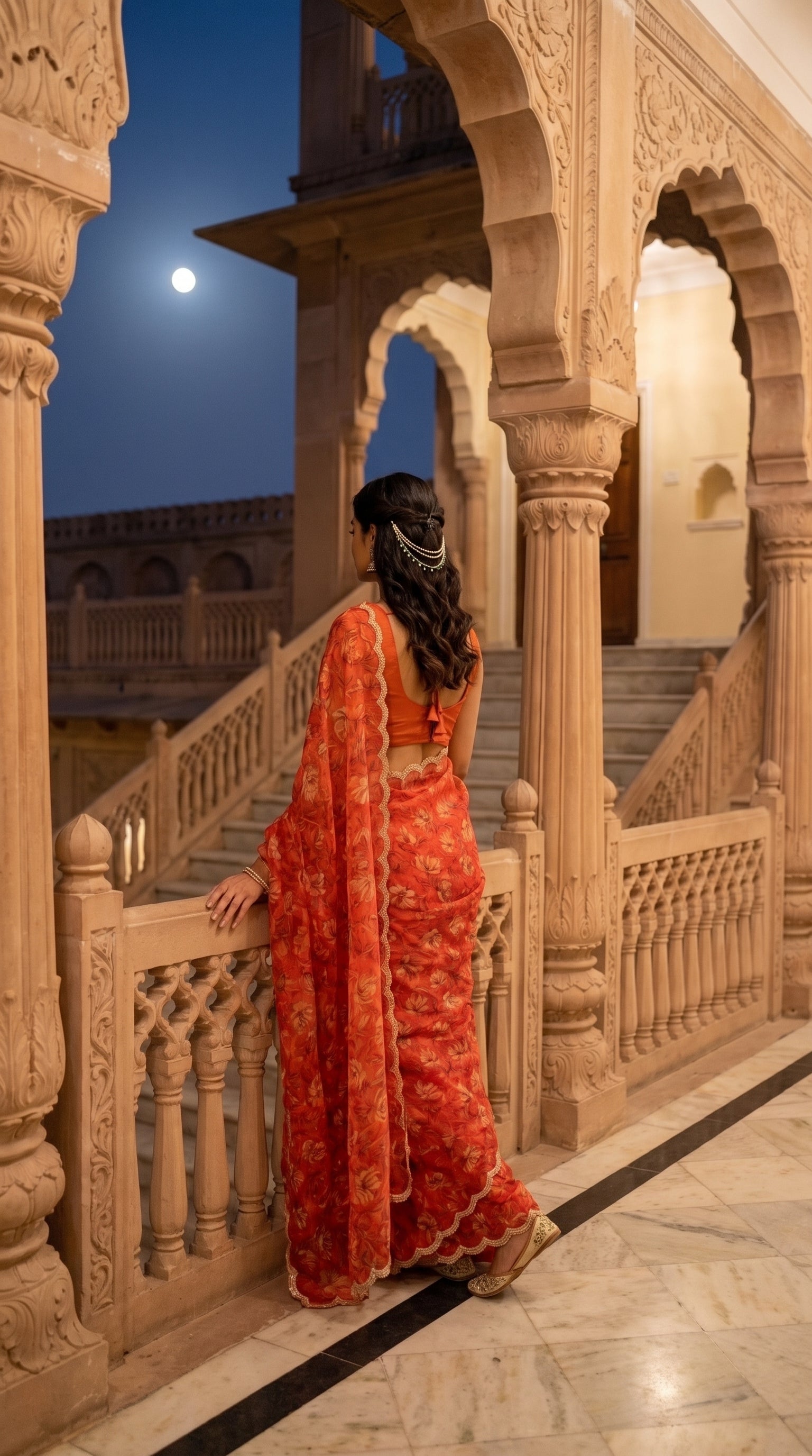 A rear portrait of a woman standing by a carved stone balcony overlooking a palace courtyard staircase under a full moon, showing her long wavy hair and the elegant gold-trimmed scalloped border of her burnt orange saree