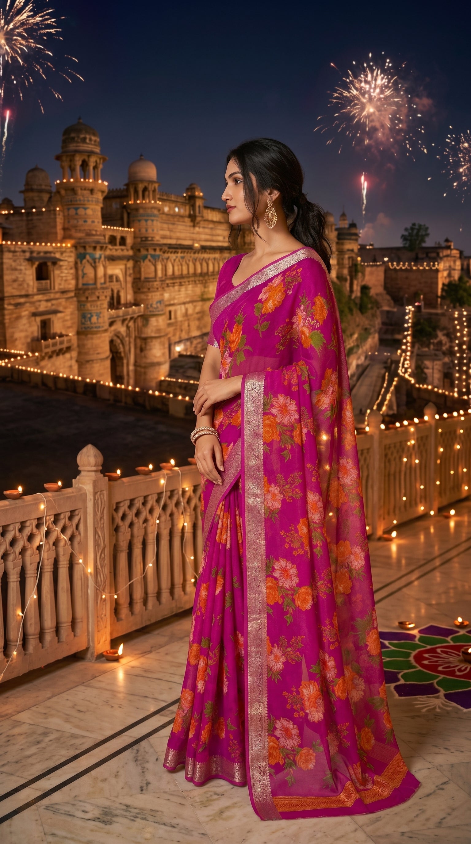 Full-length portrait of a woman standing on an illuminated palace balcony terrace at night with celebratory fireworks in the sky, highlighting the fluid movement and rich colors of her magenta floral saree