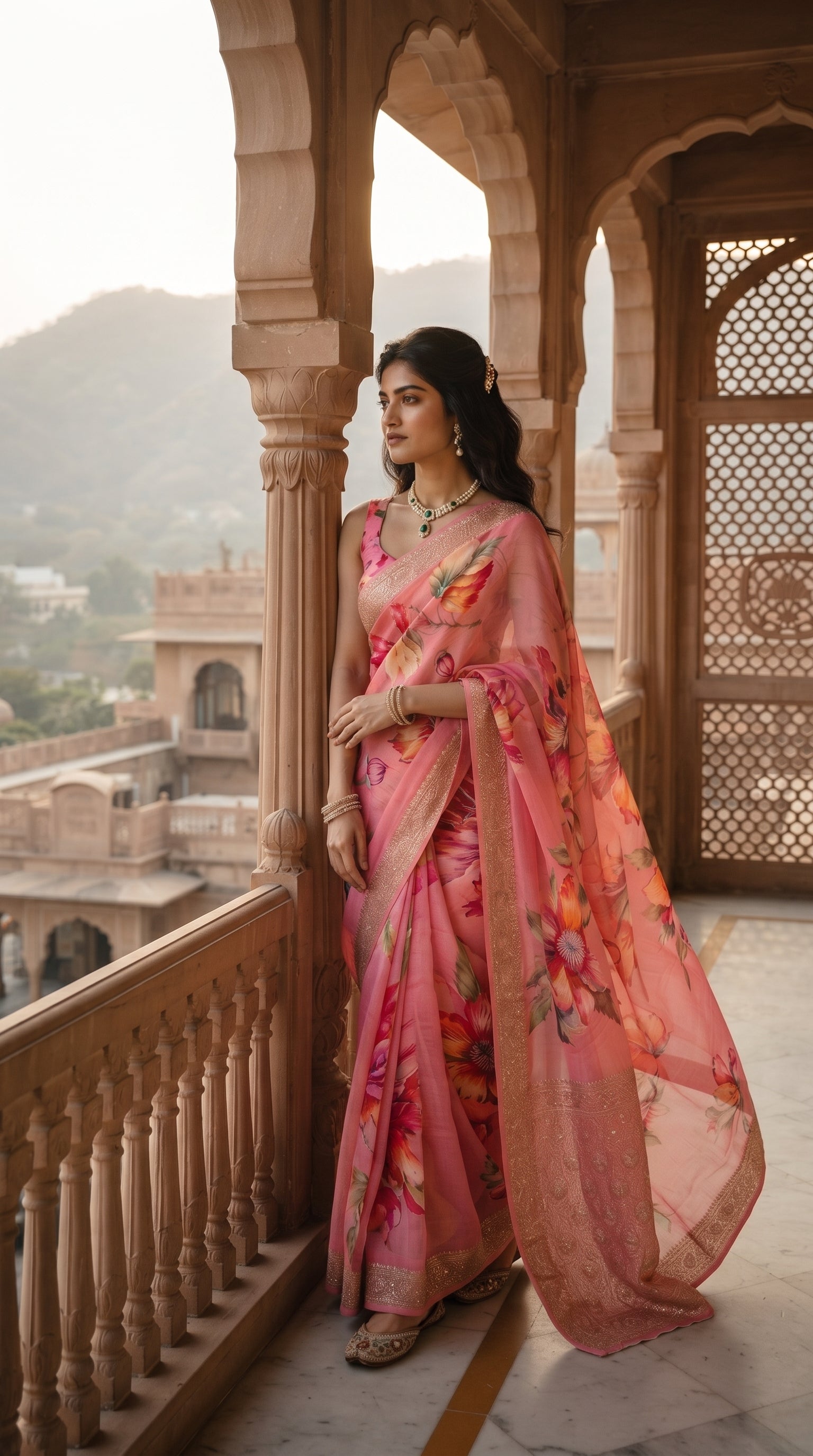 A full-length side profile of a woman standing on a palace terrace balcony overlooking misty mountains, showcasing the heavy yet breezy fall and ornate gold borders of her pink printed Chinon saree