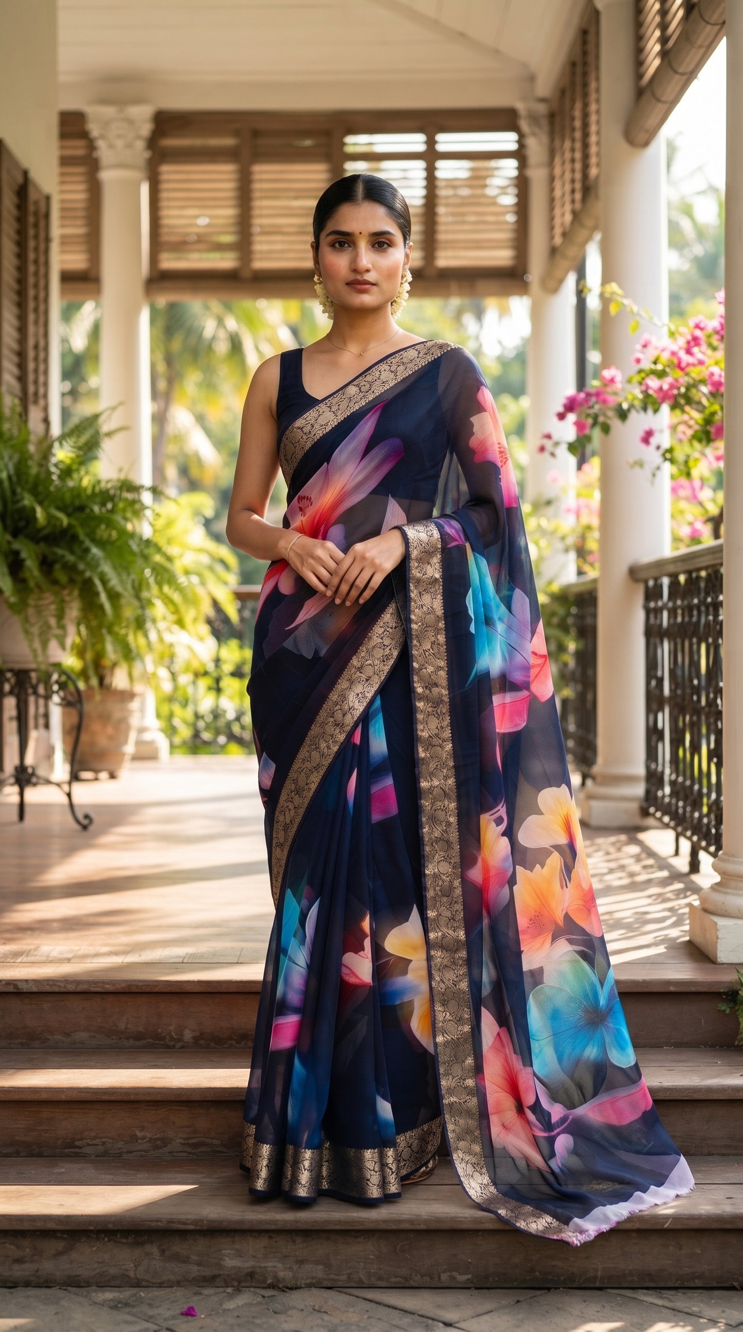 A full-length shot of a woman standing gracefully on a sunlit wooden veranda steps, perfectly displaying the rich drape, elegant gold zari borders, and multicolored floral prints of her navy blue pure Chinon saree