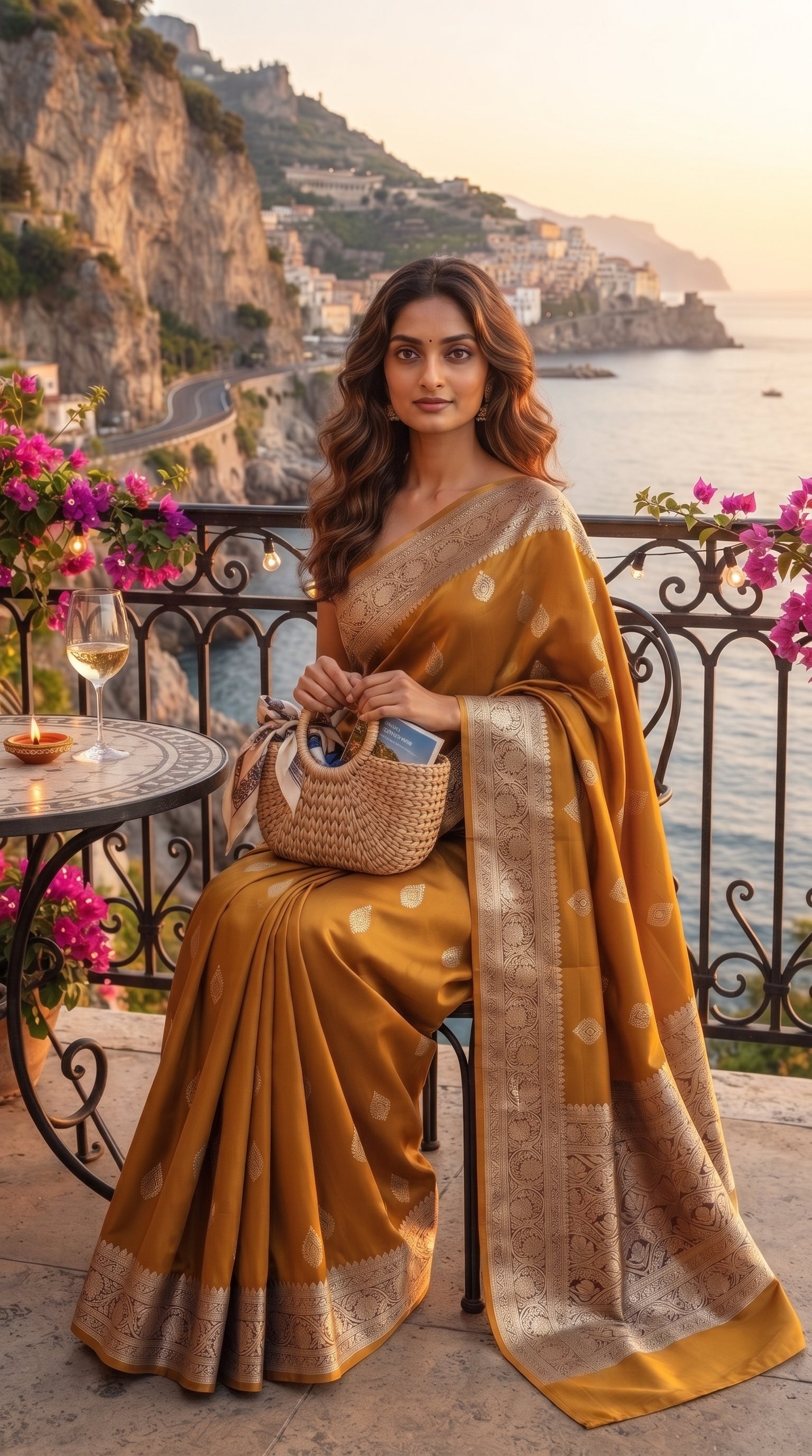 A portrait of a woman sitting on a cliffside terrace café holding a woven straw bag, with the iconic Positano coastline blurring in the background, showcasing the soft luster of her mustard gold silk saree